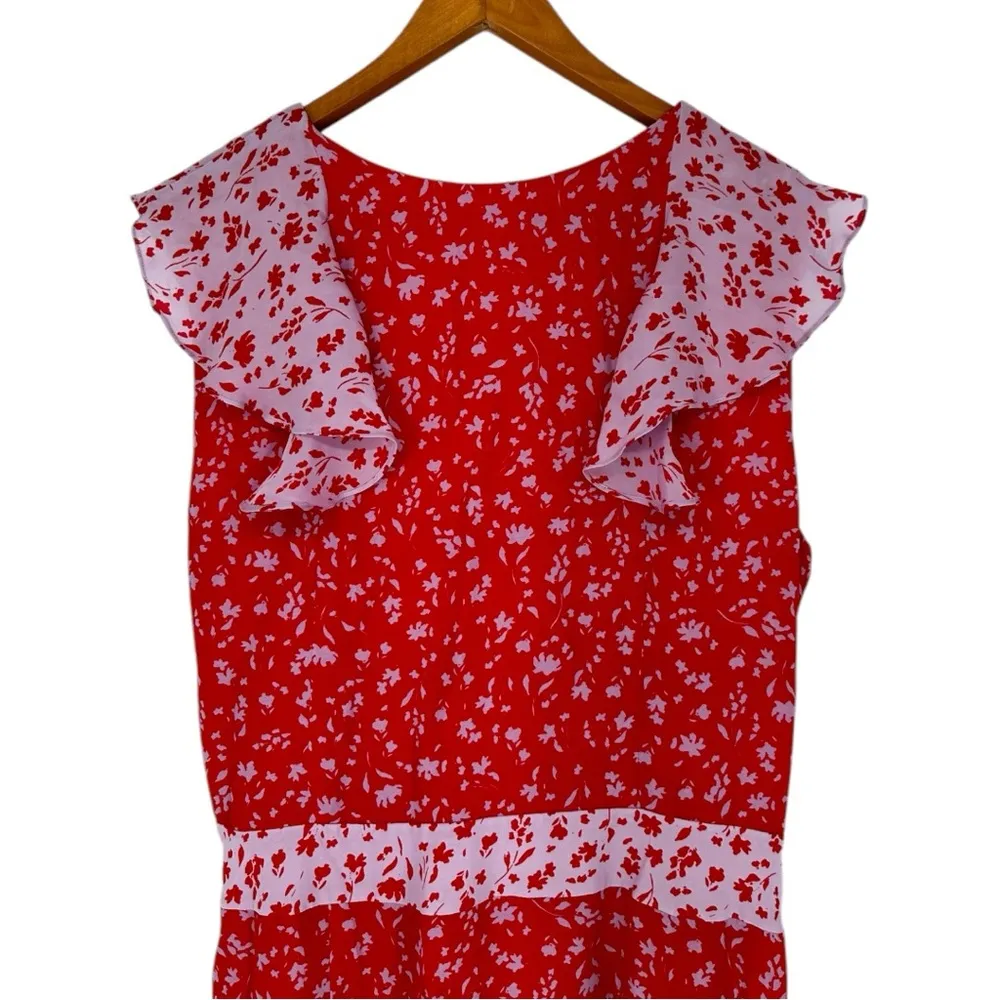 Parker Jennifer Combo Dress Silk Blend Asymmetrical Hem Midi Red Pink Floral 18 - Image 7