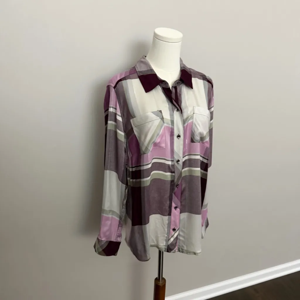 Christopher & Banks Shirt Button-Up Pockets Lightweight Plaid Sparkle Wine Grey - Image 2