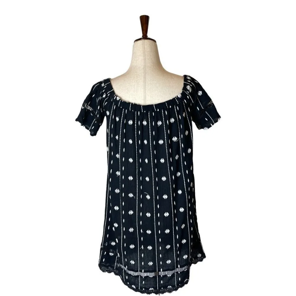 Topshop Black And White Embroidered‎ Off The Shoulder Flowy Tunic Mini Dress 2 - Image 5