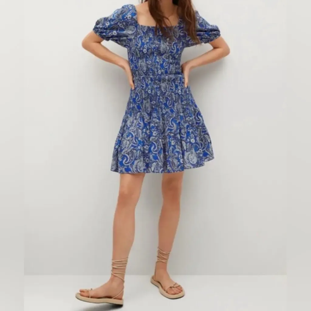 MNG MANGO Printed Ruched‎ Dress blue Womens SIZE LARGE NEW floral paisley garden - Image 2