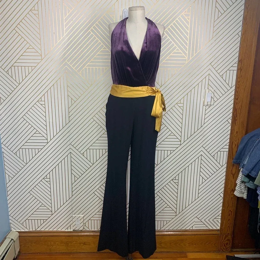 Ramy Brook Nina Jumpsuit Purple Velvet Black Yellow Sash Size‎ US 2 - Image 3