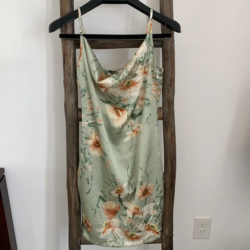 Mint Green Satin Floral Print Cami Dress Draped Collar Strap / SHEIN - Image 5