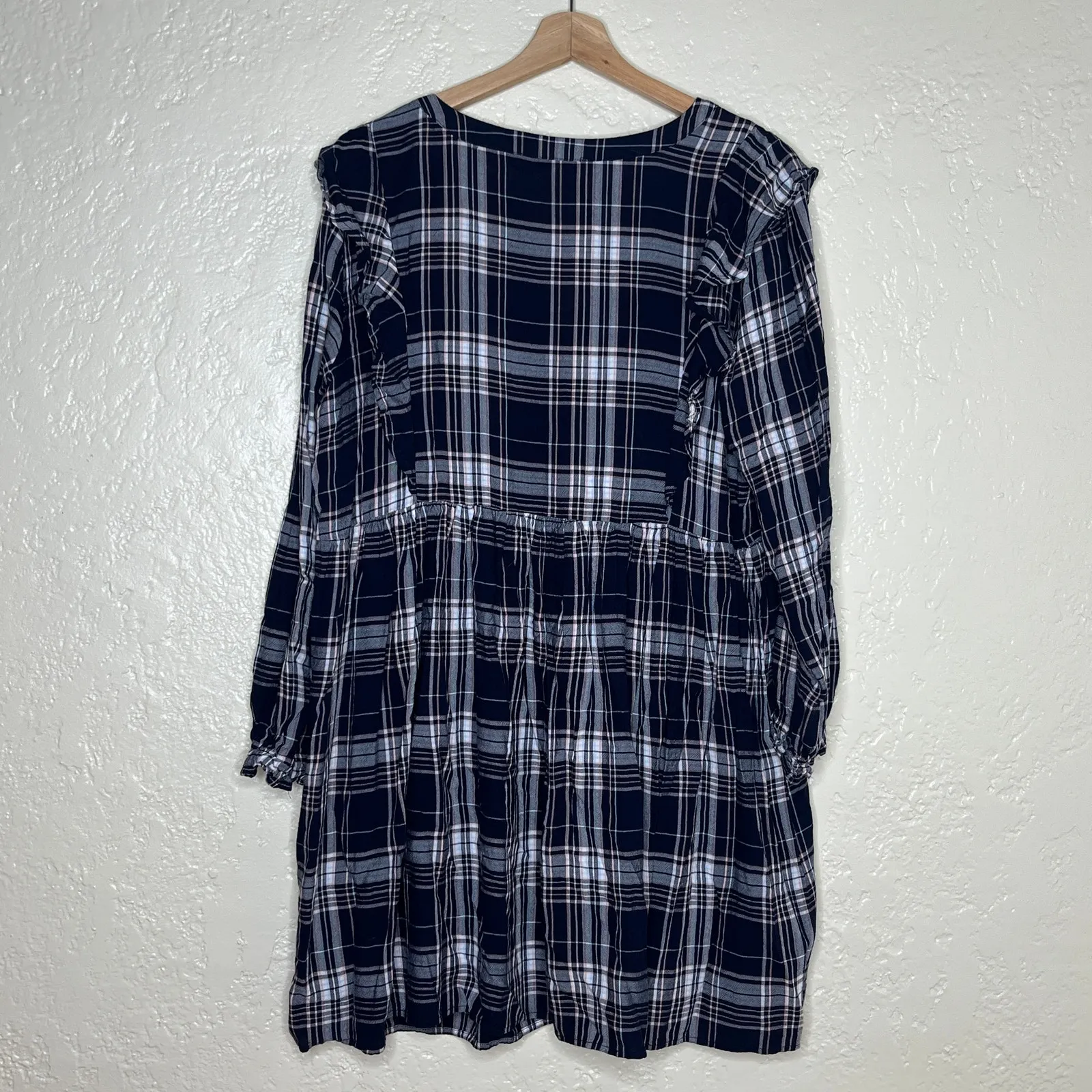 LOFT Plus Plaid Swing Dress Preppy Y2K Grunge Ruffle Women Navy Size 16 - Image 3