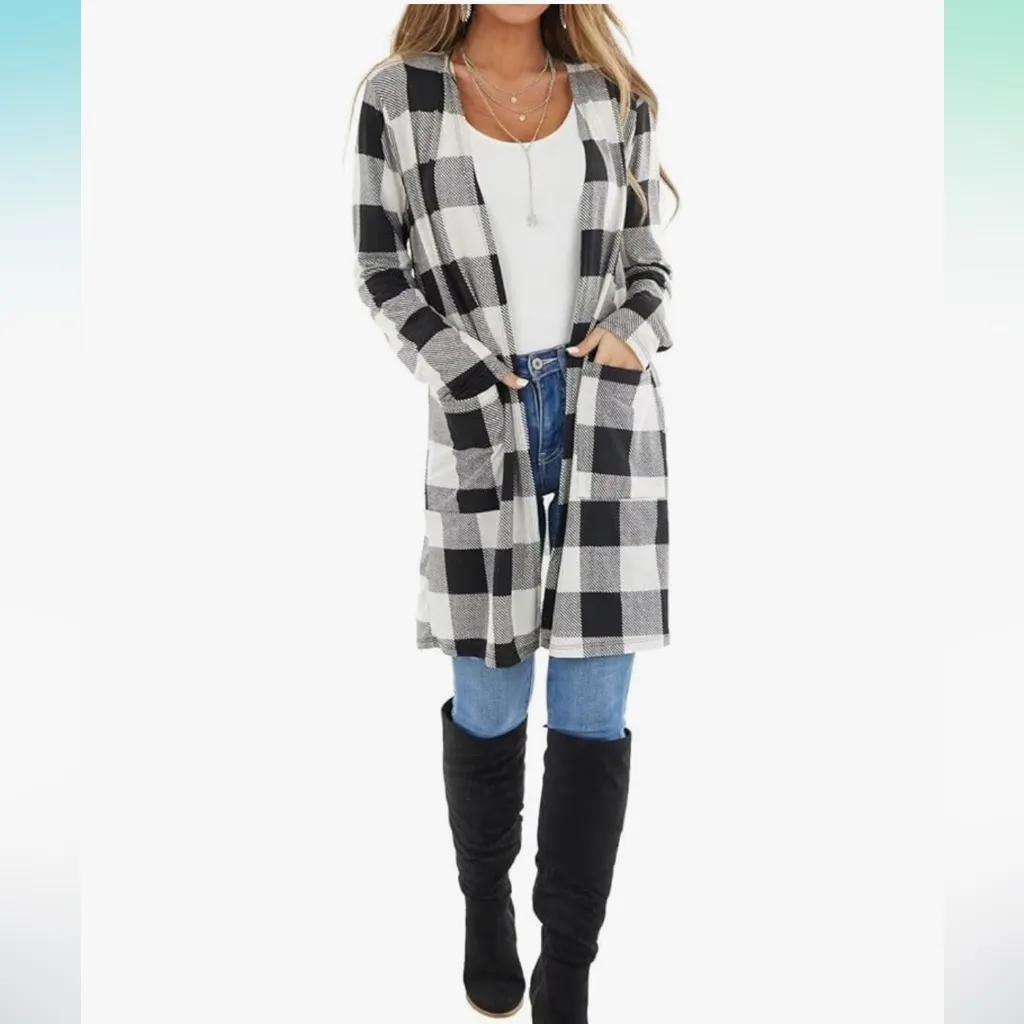 Open Front Long Draped Buffalo Plaid Cardigan - Image 5