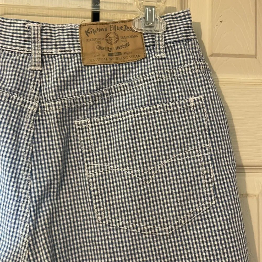 Vintage Kikomo Blue White Checkered Print Denim Shorts 1990s 28 Inch Waist - Image 9