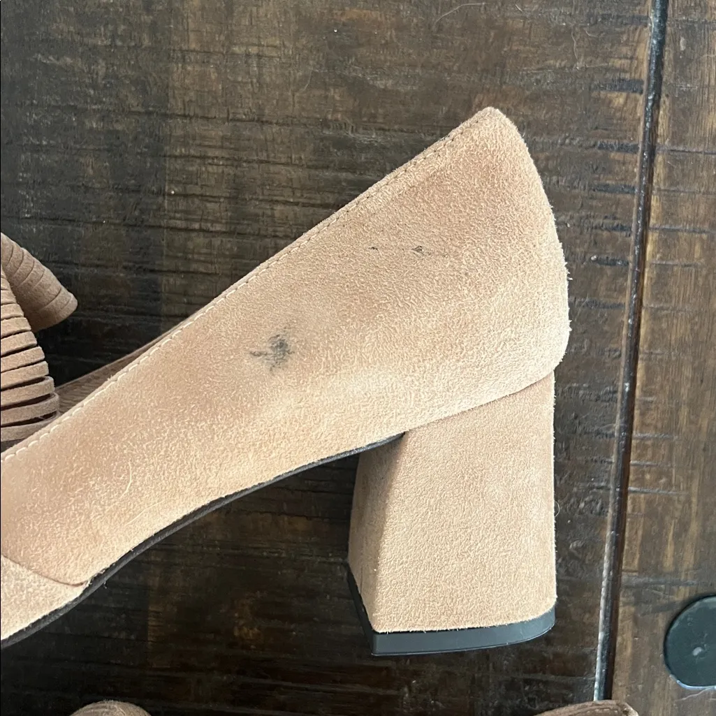 French Soles fs/ny block heel loafers heels Size 9 suede‎ tan leather - Image 7