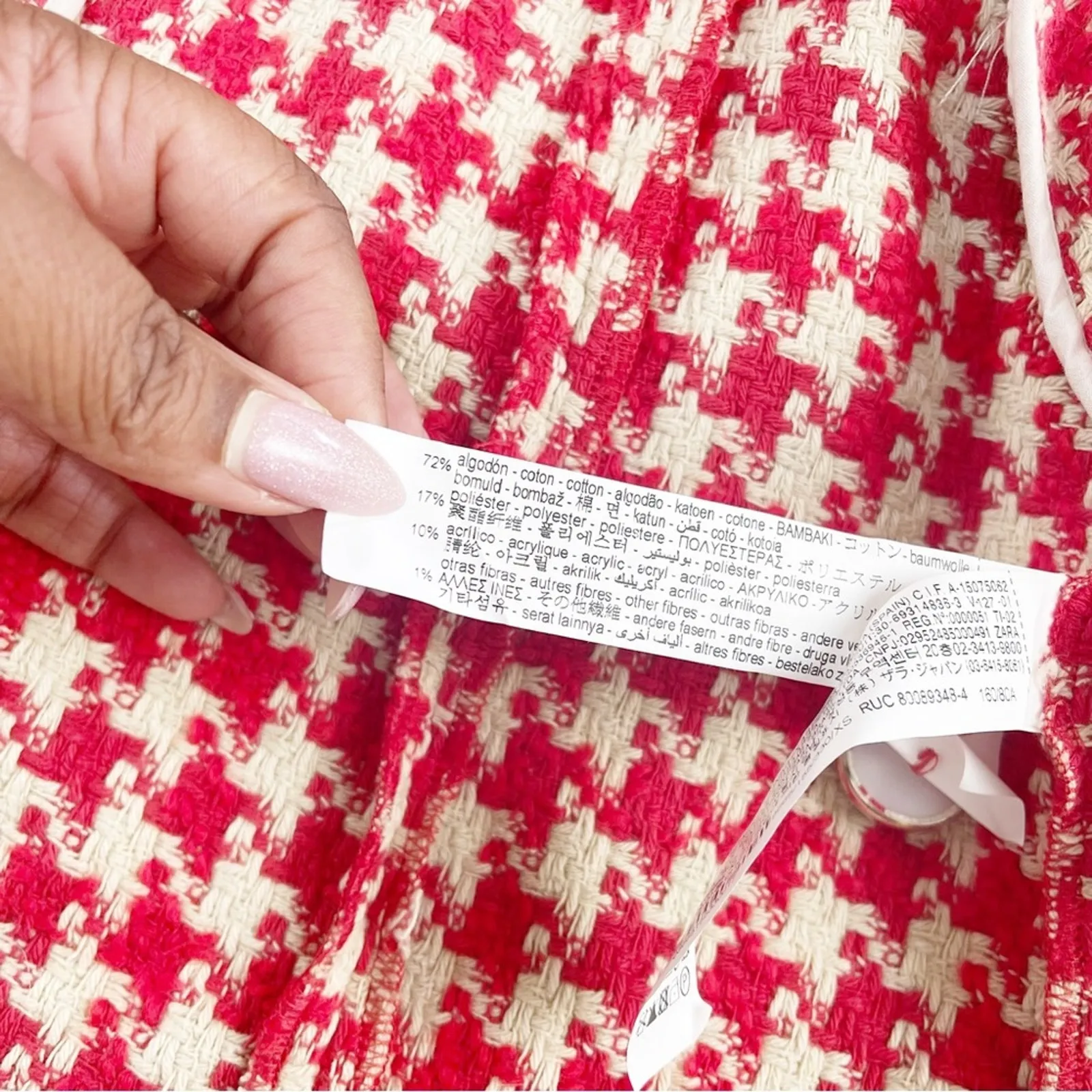 Zara Houndstooth Women's Tweed Textured Lapel Collar Coat Jacket in Red Size‎ XS - Image 5