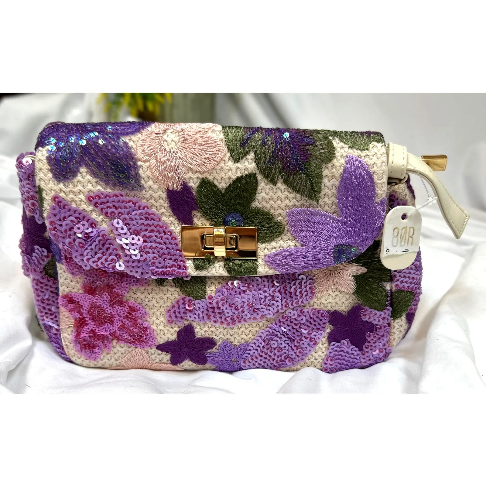 8 Other Reasons Floral Sequined Clutch/Shoulder Bag Purple Pink Green - Image 3