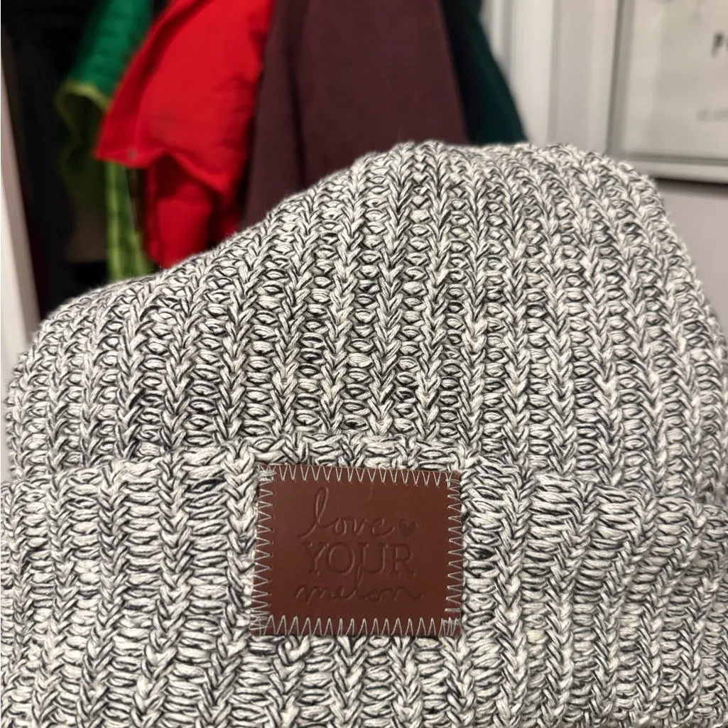 Love Your Melon  Black and White Beanie with Brown Patch - Image 4
