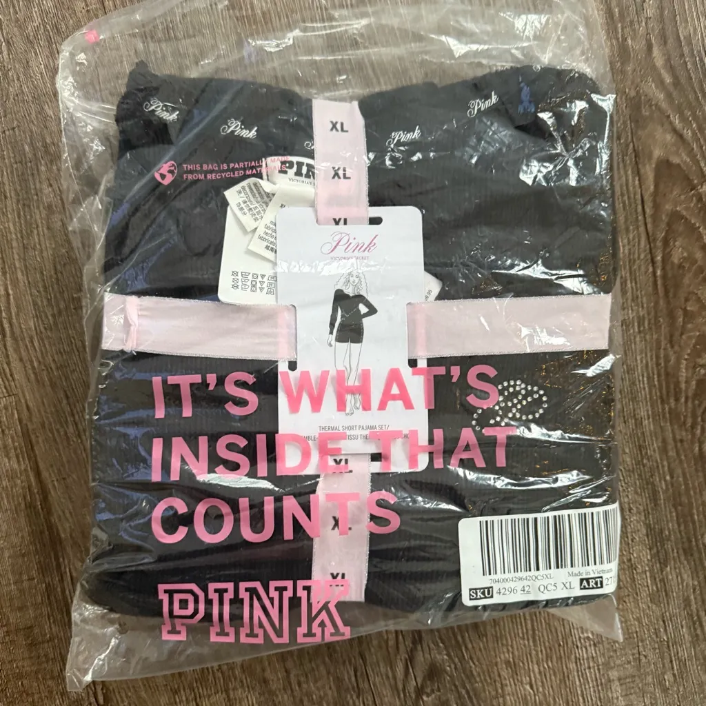 Victoria's Secret PINK Pajama Set Size XL Thermal Long BLING 2 Piece Black NWT - Image 5