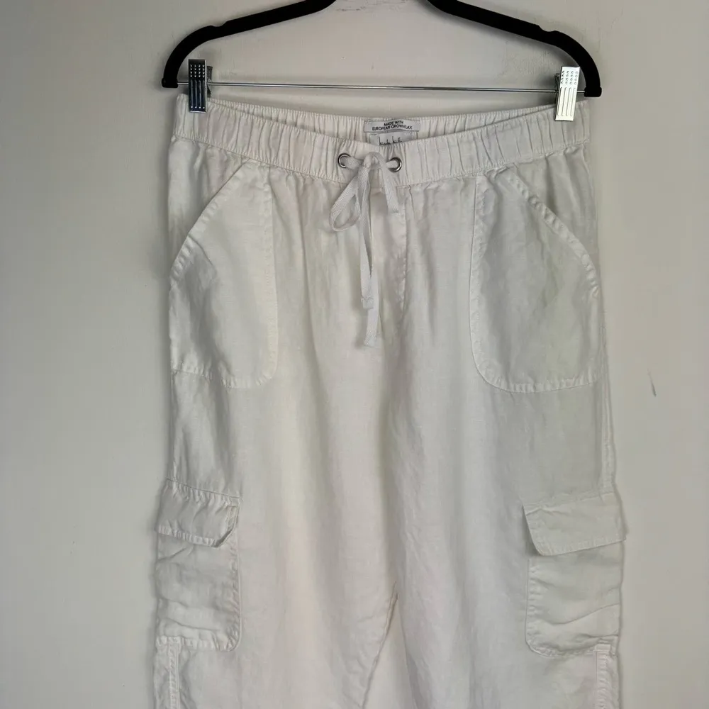 Nicole Miller 100% Linen White Cargo Straight Leg Tapered Pants Sz Large Fringe - Image 3
