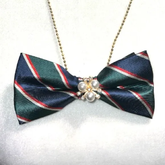 “Dainty Dapper” green Striped Bow tie Necklace - Image 2
