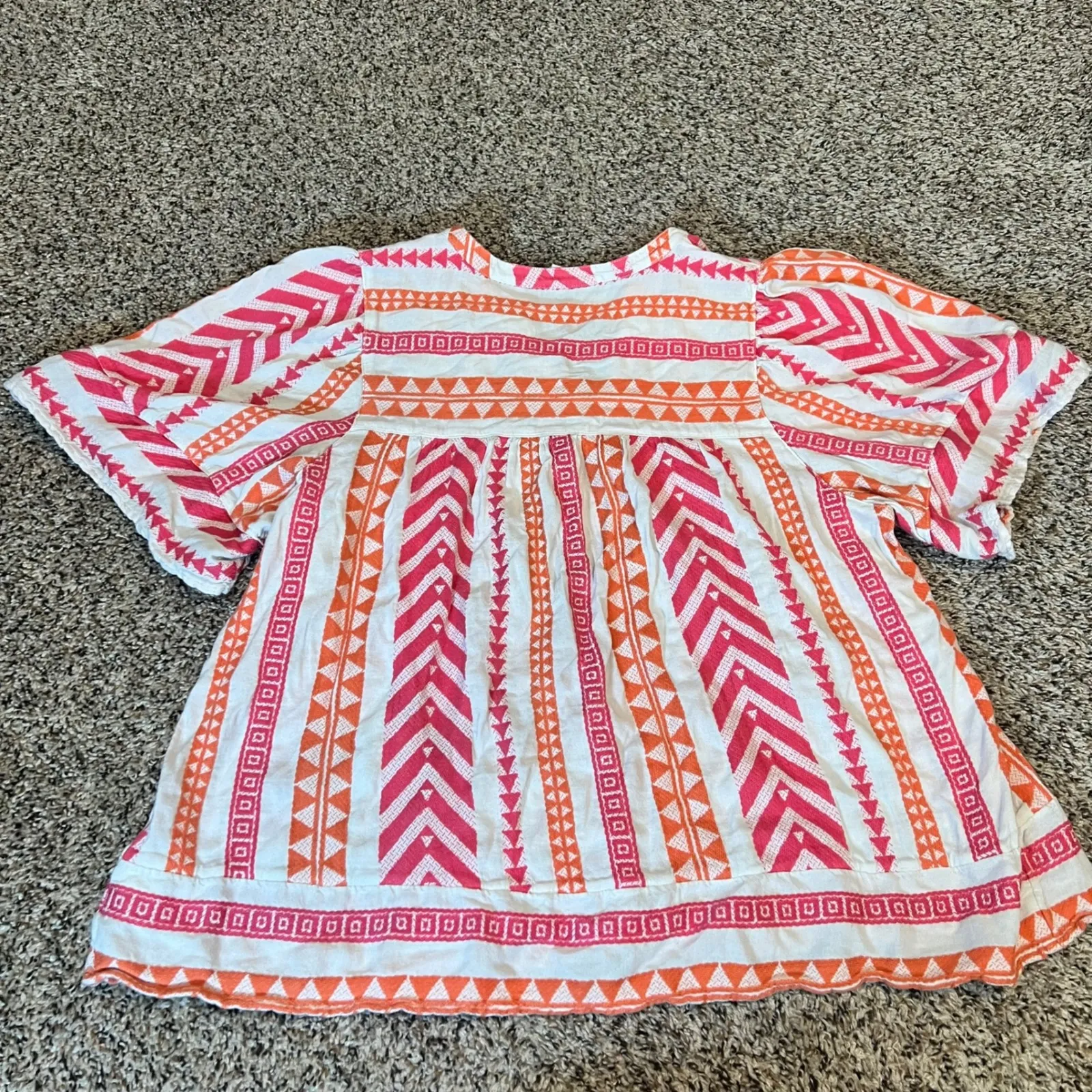 Old Navy Women XL Tunic Top Geometric Print White Pink Orange V Neck - Image 6