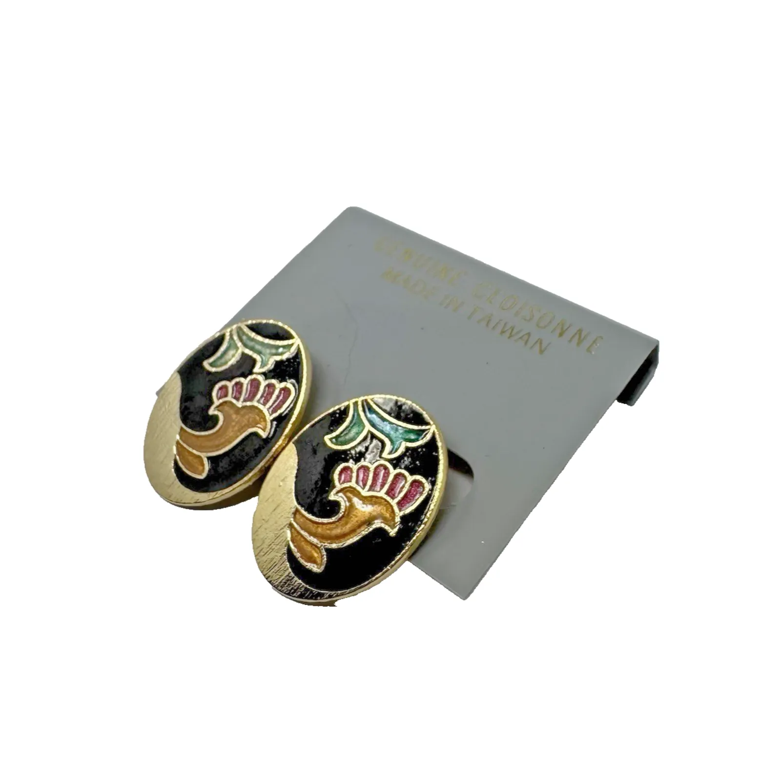 Vintage Cloisonné Clip On Earrings Floral Oval Gold Tone 1” Made Taiwan Black - Image 6