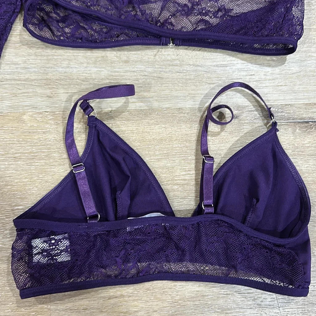 Purple Lace Long Sleeve Crop Top and Bralette Set - Image 4