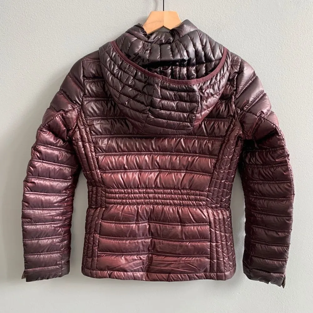 CALVIN KLEIN Hooded Packable Premium Down Puffer Coat Eggplant Wine XS - Image 6