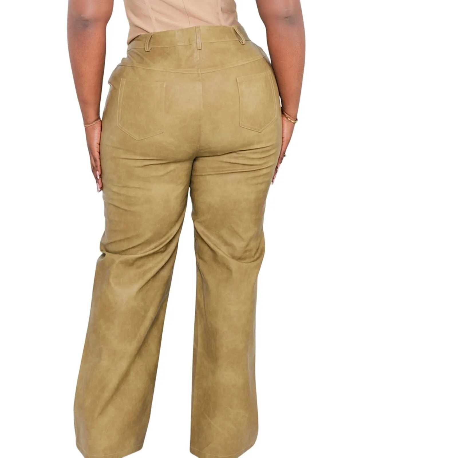 PrettyLittleThing Plus Olive Washed Faux Leather Straight Trousers Size 18 NWT - Image 4