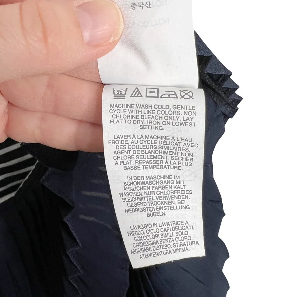 J Crew Navy Blue Striped Pleated Chiffon Hem Short Sleeve Shirt - Image 10