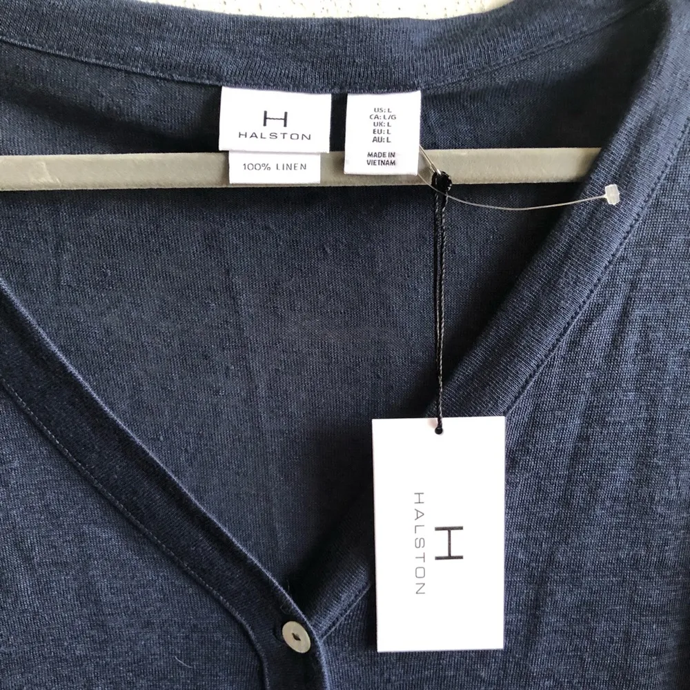 H by Halston Linen Cardigan Navy Blue Buttons Short Sleeve V Neck Sz L BNWT - Image 7