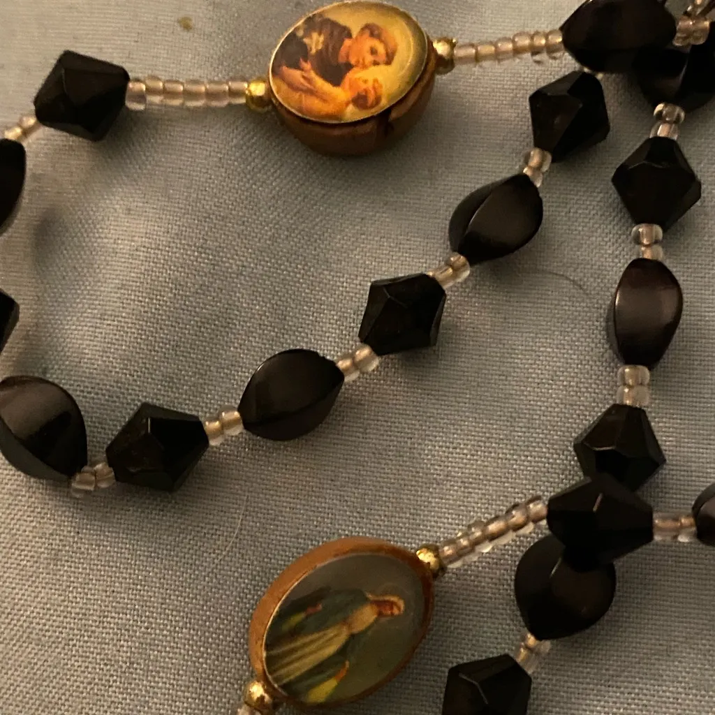 Rosary Necklace Silver Cross Black & Wood Photo Beads 20” Long - Image 5