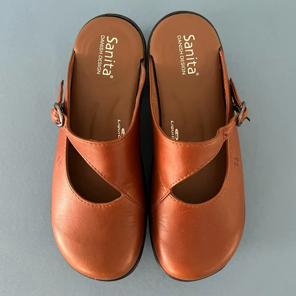 Sanita Liquicell Brown Leather Buckle Strap Slip On Open Back Danish Clogs Size 6 - Image 6