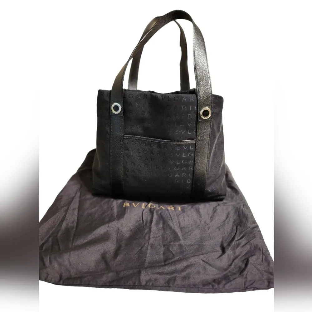 BVLGARI Authentic  Canvas Monogram Tote with Leather Trim Black - Image 9