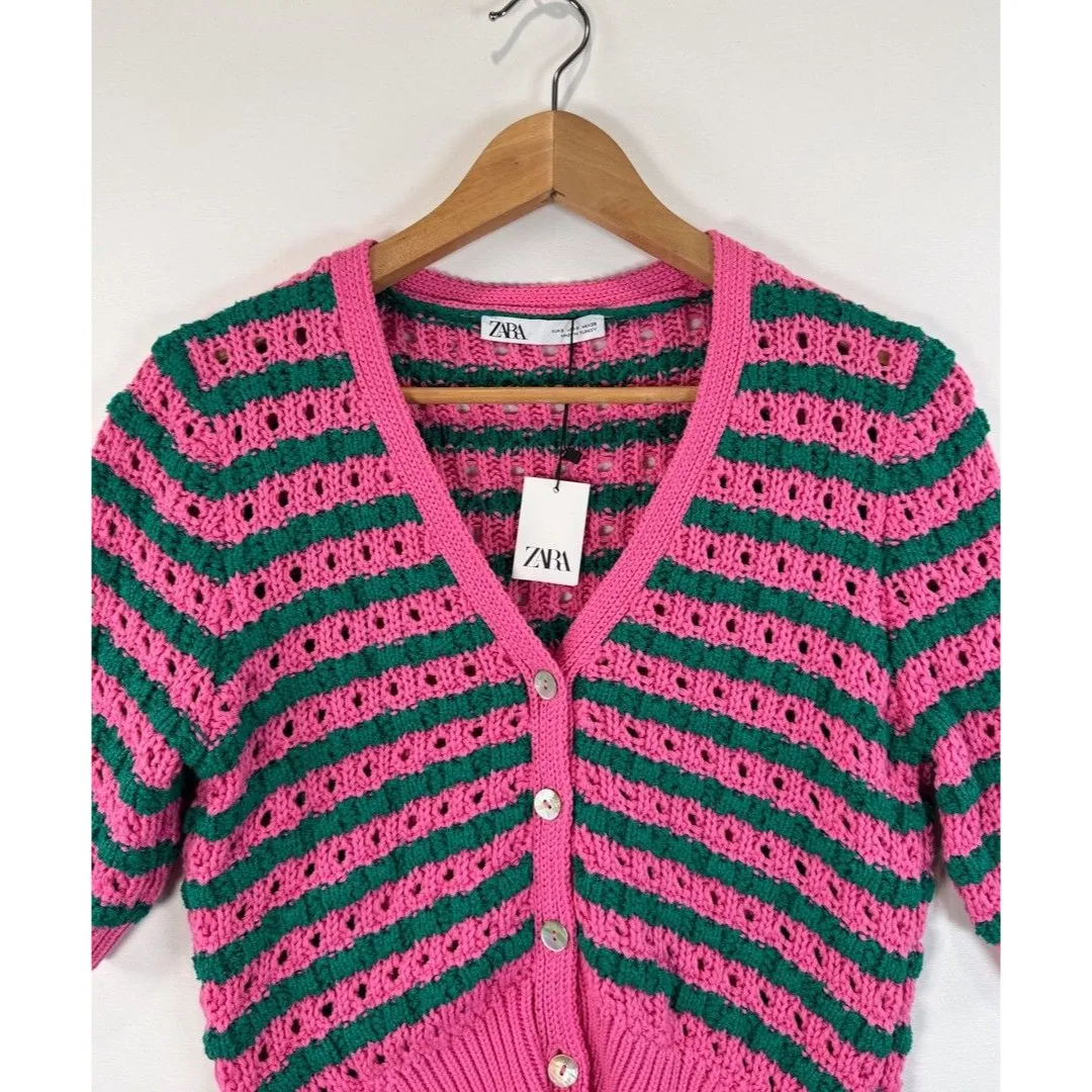 NWT ZARA Womens Cardigan Pink Striped V Neck Cropped Short Sleeve Sweater Small - Image 7