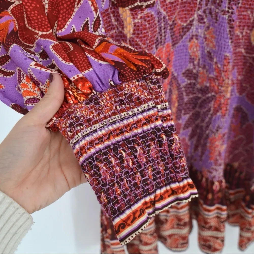 Farm Rio Sweet Floral Long Sleeve Mini Dress Smocked in Lilac Purple Red Size S - Image 7