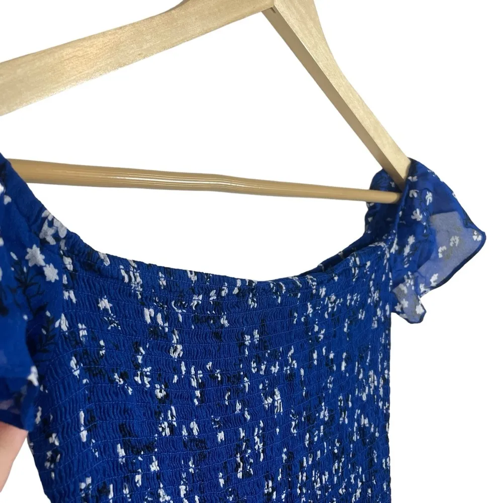 Zara Smocked Floral Bodycon Off the Shoulder Mini Dress in Blue/White Size S - Image 5
