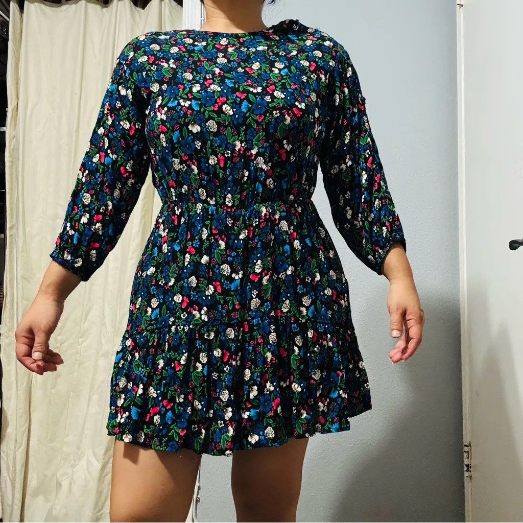 Zara Women Multicolor Floral Long Sleeve Fit & Flare Short Jumpsuit Dress Size M - Image 2