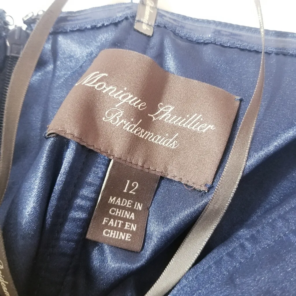 Monique Lhuillier Bridesmaid Navy Blue Strapless Pleated Chiffon Mini Dress - Image 3