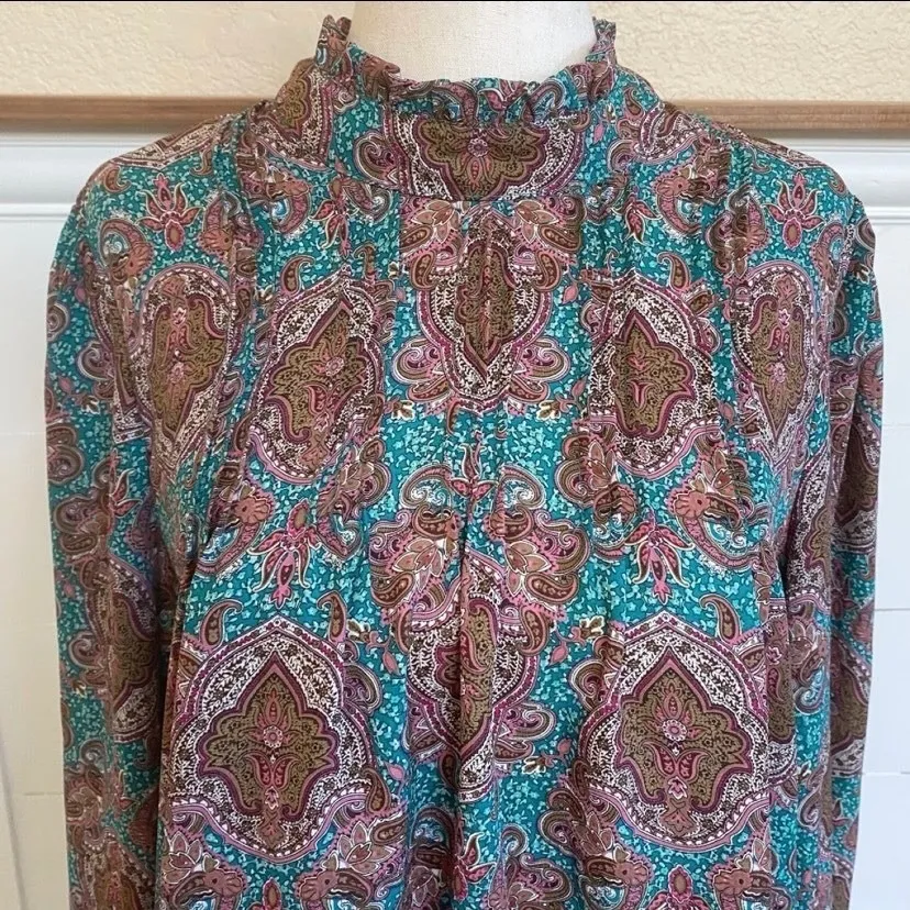 Joie Balloon Sleeve Mock Neck Pleated Bodice Keyhole Blouse Teal/Brown M - Image 3