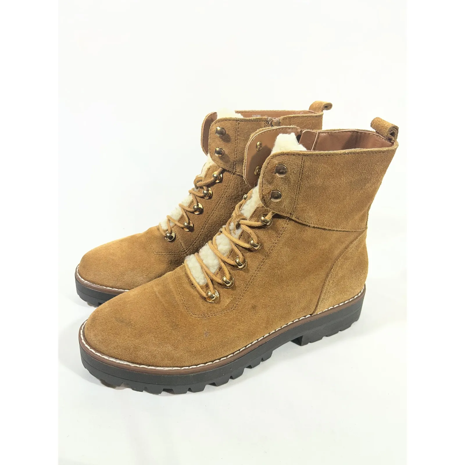 Crown and Ivy Naomi Women Suede Fur Lined Boots Lace Up Combat Outdoors Tan Sz - Image 2