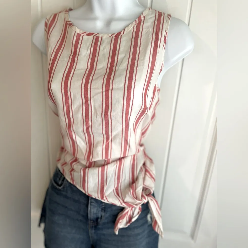 Madewell Side Tie Red & Cream Candy Stripe Vintage Look Cotton Tank Top Sz Small - Image 3
