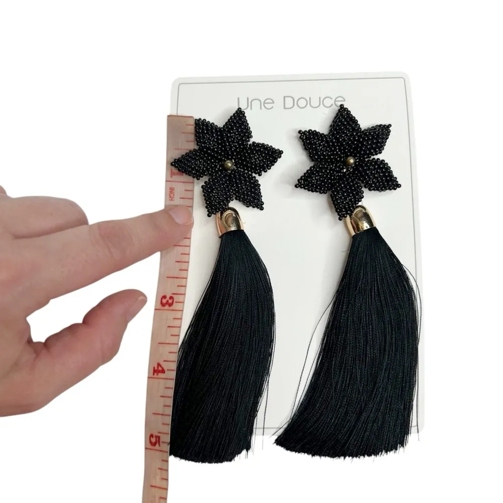 New Black Flower Seed Beaded Tassel Dangle Statement Earrings - Image 7