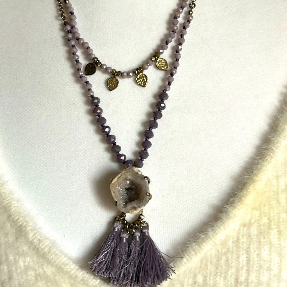 Vintage Geode Crystal, Tasso and Bead Chunky Layered Statement Necklace Purple - Image 11