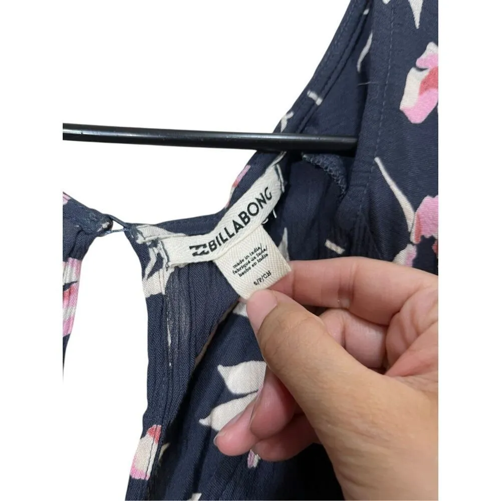 Billabong Fluttering Heart Jumpsuit Size S Blue Pink Floral Print Pockets V-Neck - Image 6