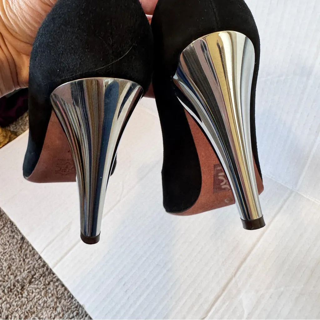 Jean Michel Cazabat Black Suede Heels Women’s 6.5 Silver Stilettos Peep Toe - Image 3