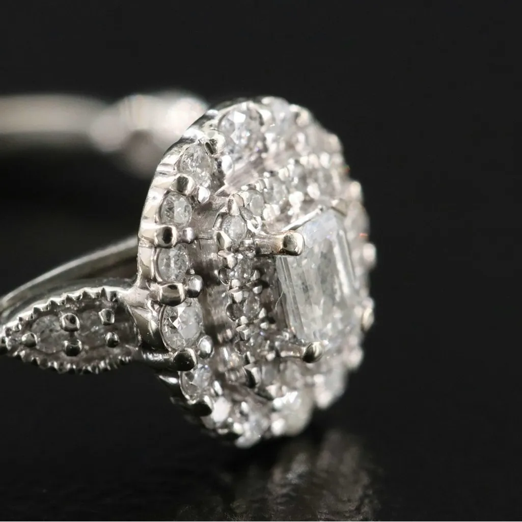 10K SOLID WHITE GOLD .46 CTW EMERALD CUT DIAMOND WITH ROUNDS RING (4.75) Silver - Image 3