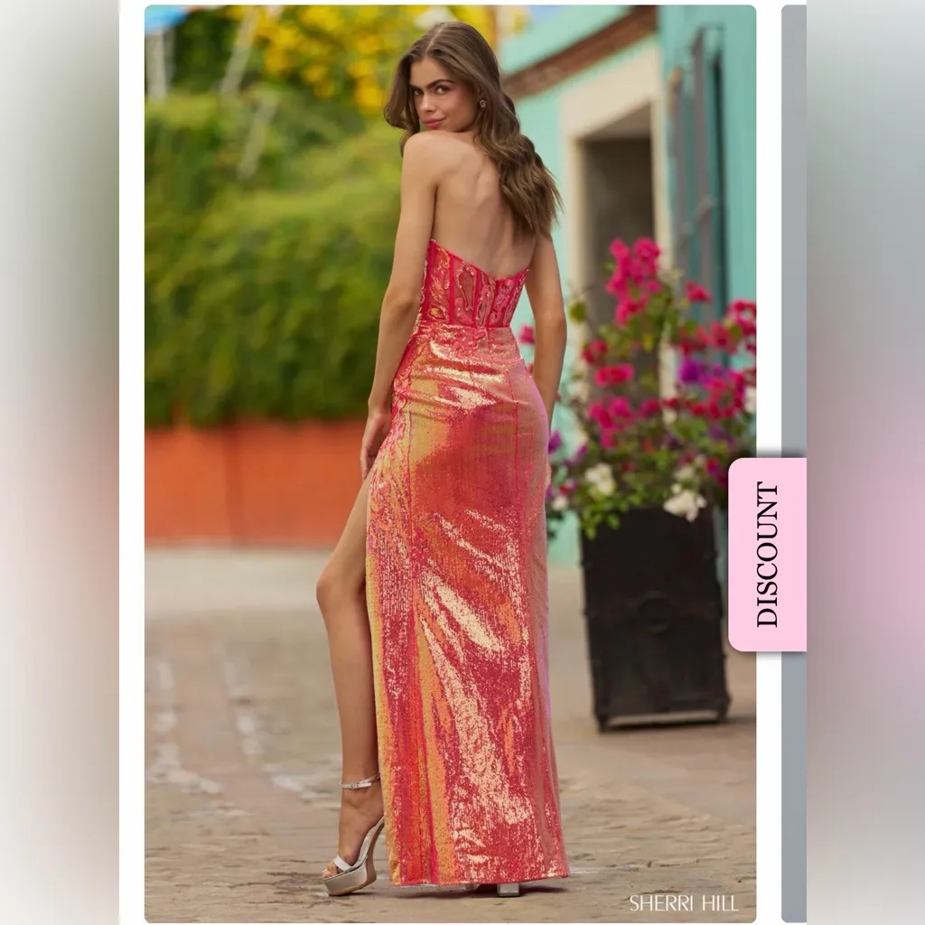 Sherri Hill 55592 coral sequins sweetheart neckline dress size 0 - Image 2