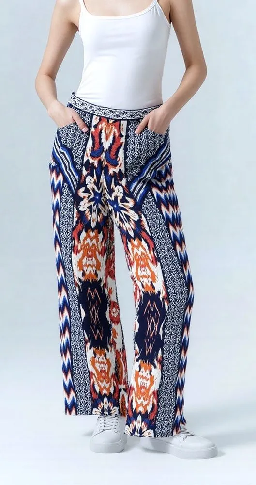 Boho Print Wide Leg High Rise Pants Women's Small Tribal Aztec Ikat Patchwork - Image 1
