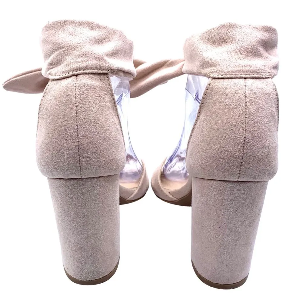 Lulus Ankle Bow Tie Peep Toe Ankle Sandals Faux Suede Block Heel 6.5 Dusty Pink - Image 6