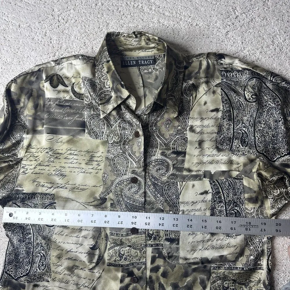 VTG Linda Allard‎ Ellen Tracy 100% Silk Paisley and Script Print Blouse Size 4 - Image 4