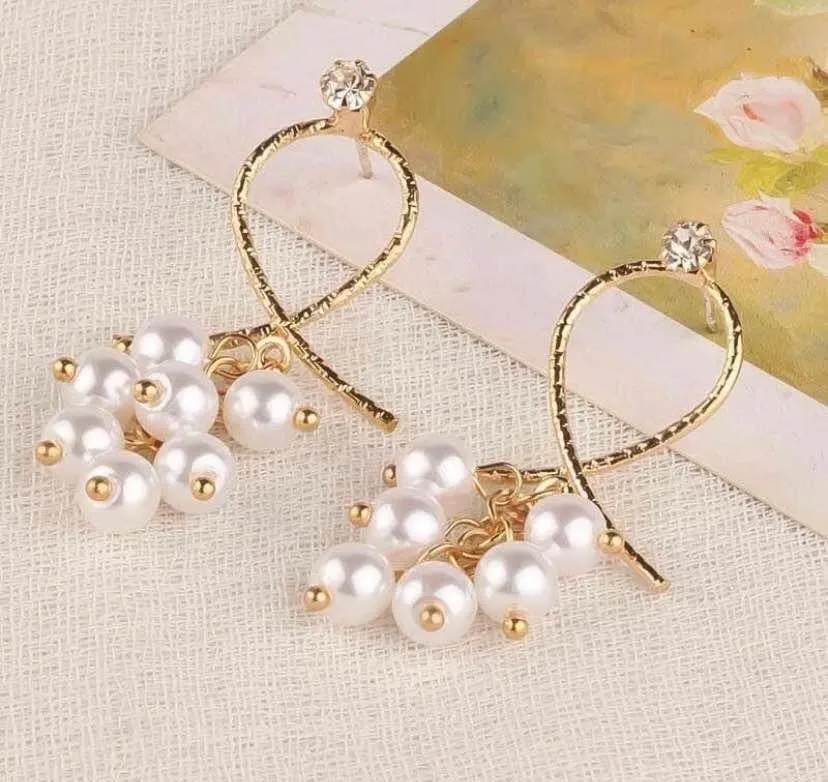 White Pearl Dangle Drop Earrings for Women Gold - Image 2