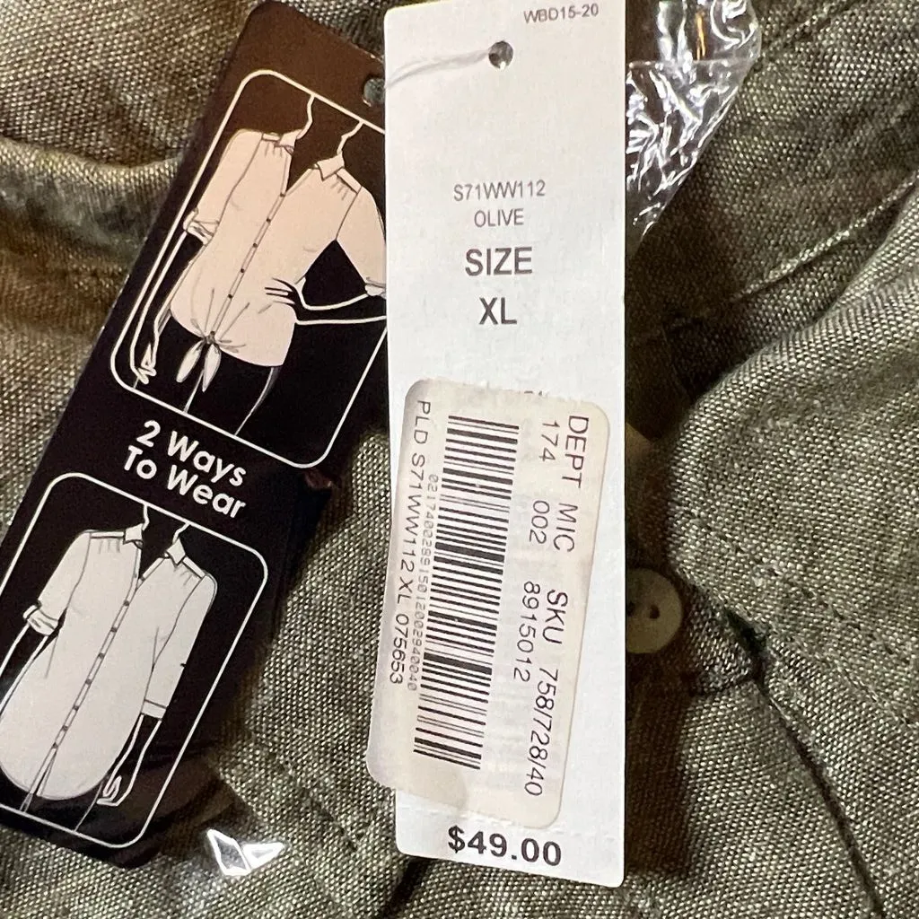 Westbound Size XL Olive Green Shirt Button Front Tabbed 3/4 Sleeves Linen Blend - Image 9