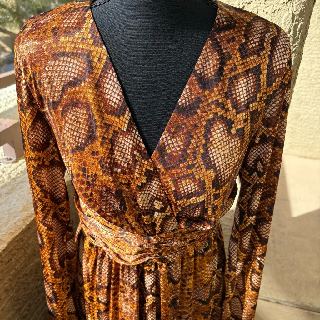 Altuzarra Snakeskin Print Long Sleeve Midi Faux Wrap Dress Sized 8 Women Brown - Image 4