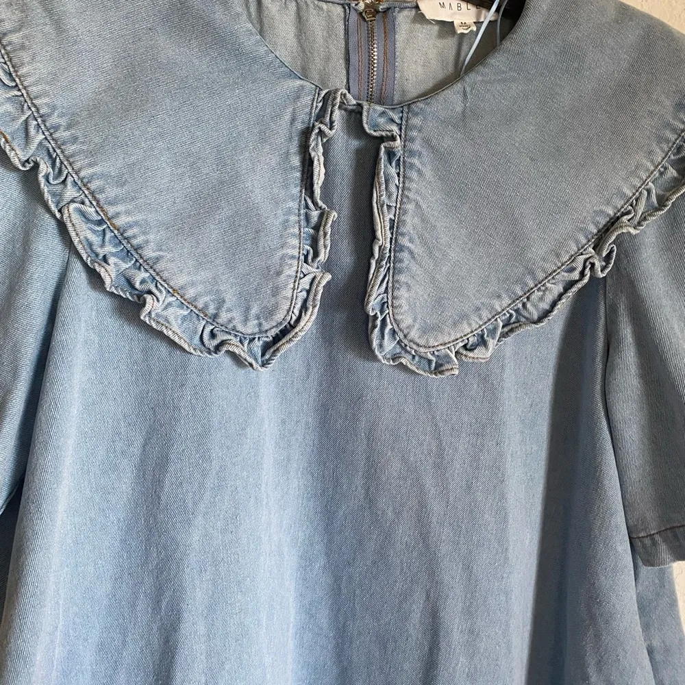 Mable Peter Pan Collar Denim Light Wash Pockets Cottagecore Peasant Mini Dress M Blue Size M - Image 6