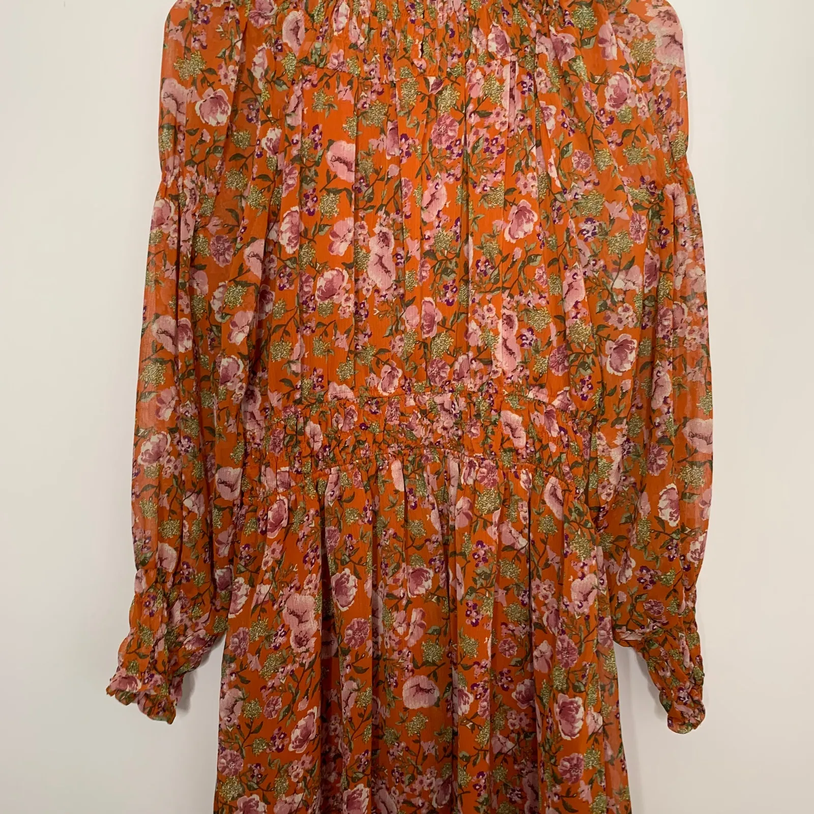 En Saison Smocked Floral Print Mini Dress In Orange Multi Womens Large - Image 5