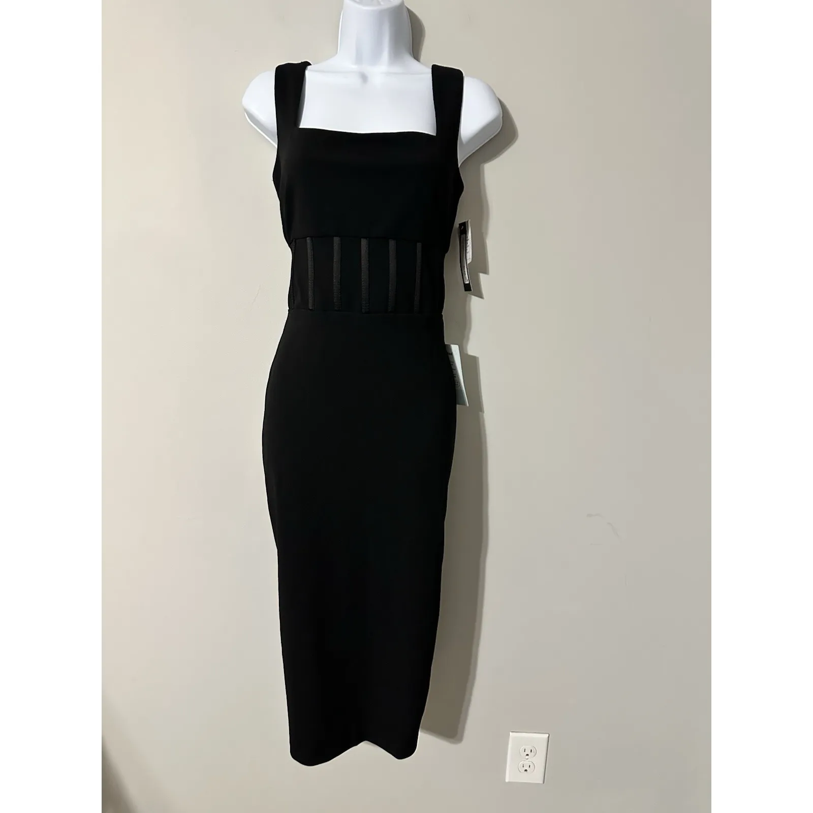 Betsy & Adam Black Square Neck Sheath Midi Dress Size 6 with Corset Waist Detail - Image 2