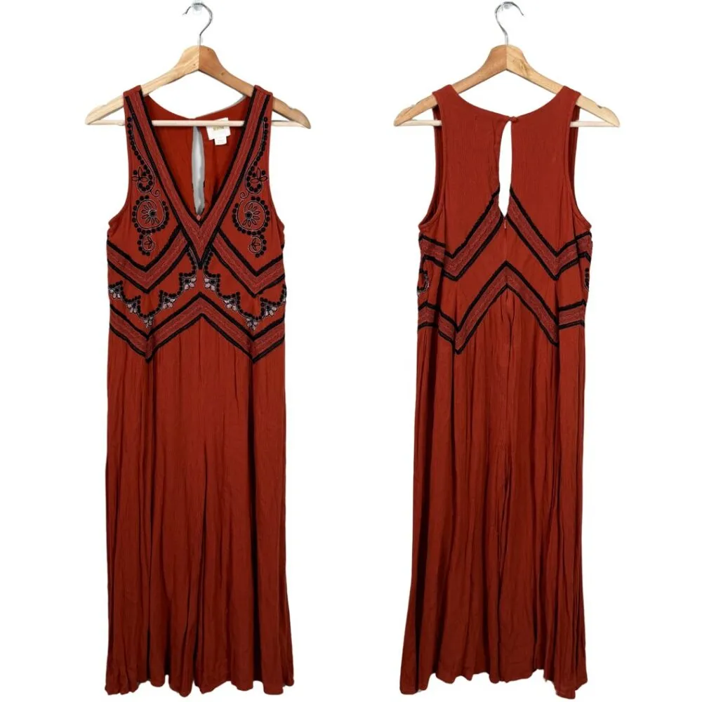 Maeve Anthropologie Desert Embroidered Jumpsuit Women's 2 Orange Wide Leg Crop - Image 4